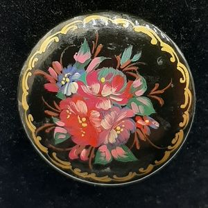 Vintage Handmade Wooden Brooch Hand Painted Round Signed Black Floral